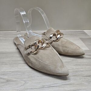 Steve Madden Finn Mules Pointed Toe Womens Size 8.5 Beige Leather Suede Chain